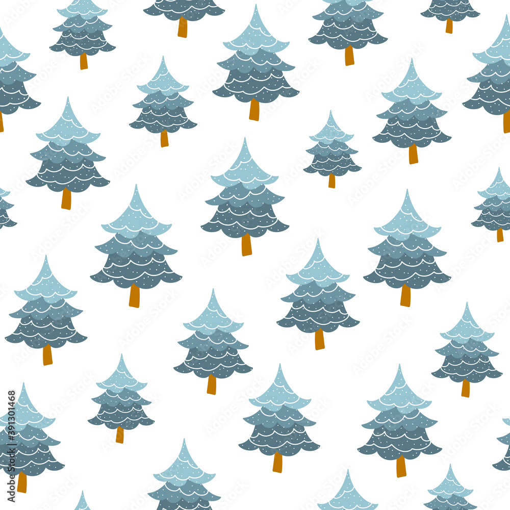 Fototapeta premium Christmas tree seamless pattern. Vector illustration in a childish hand-drawn Scandinavian style. Fir-tree forest. The pastel palette is ideal for printing packaging, fabrics, textiles.