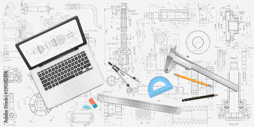 Laptop and technological tool.Technical drawing background.Mechanical Engineering background . Industrial design engineering facility office.Vector illustration .	