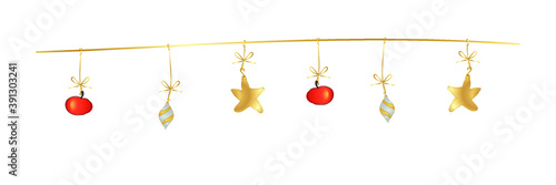 Ein Banner mit hängendem Weihnachtsschmuck auf weiß.