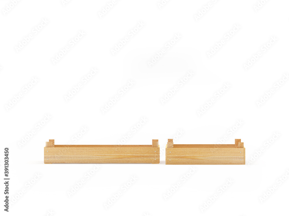 Two narrow wooden crates isolated on a white background. 3d illustration Two narrow wooden crates isolated on a white background. 3d illustration