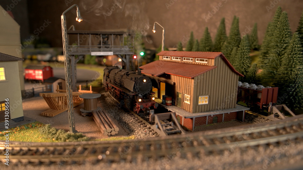 Retro lokomotive train in a depot. Replica model of lokomotive.