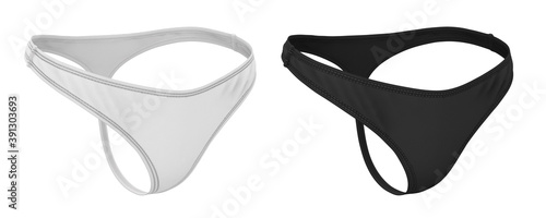 3d illustration of female tanga panties. Women's underwear in black and white. Mock-up, blank template.