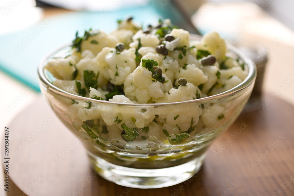Cauliflower salad in glass bowl Cauliflower salad in glass bowl