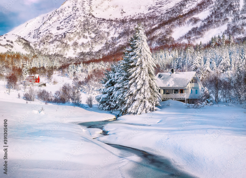Astonishing winter scenery with frozen river with wooden houses and snow covered pine trees near Valberg village at Lofotens.