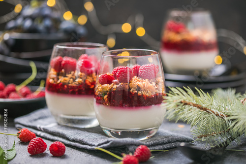 Raspberry Panna cotta or .parfait with raspberry jelly, Italian dessert, homemade cuisine. Copy space. photo