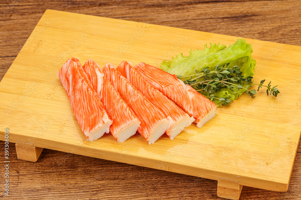 Crab sticks served salad leaves Crab sticks served salad leaves
