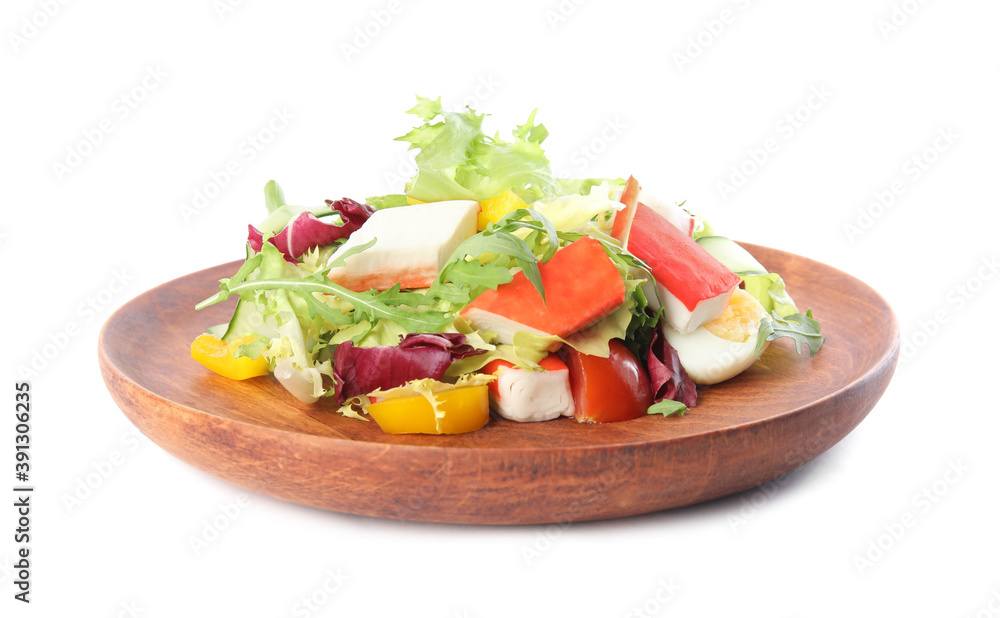 Delicious salad with crab sticks and lettuce on white background Delicious salad with crab sticks and lettuce on white background