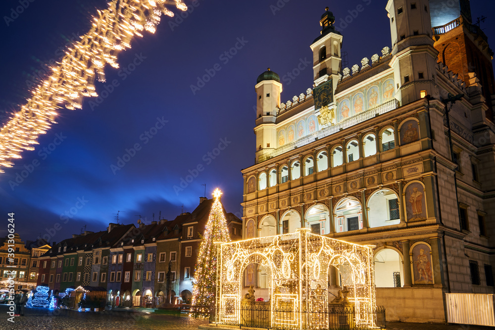 the facade of Renaissance town hall and christmas decorations