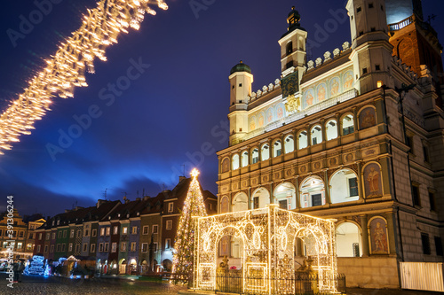 the facade of Renaissance town hall and christmas decorations