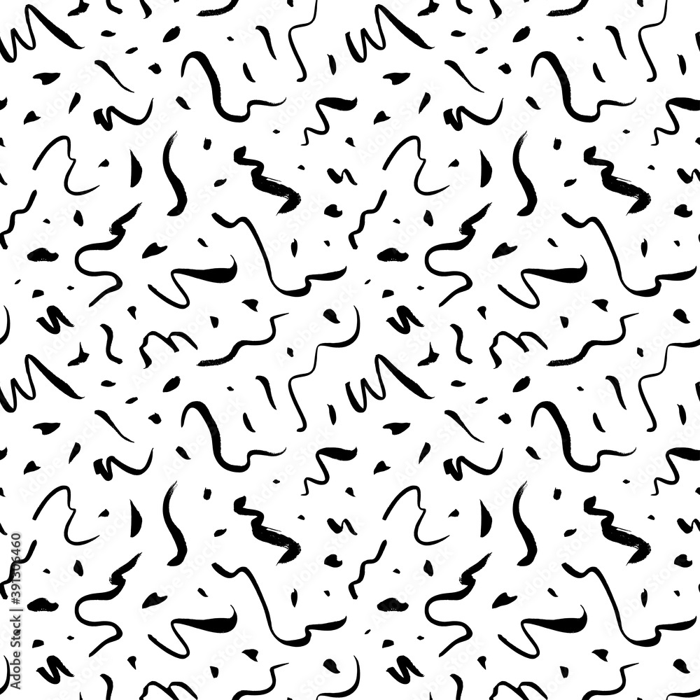 Doodle and curly lines vector seamless pattern with dots. Hand drawn hipster freehand print. Dots, freehand drawing and swirls. Modern ink illustration for fashion designs in trendy pop art style.  