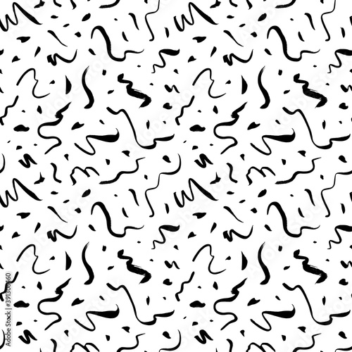 Doodle and curly lines vector seamless pattern with dots. Hand drawn hipster freehand print. Dots, freehand drawing and swirls. Modern ink illustration for fashion designs in trendy pop art style. 