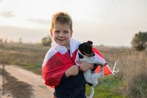 Photography Young boy holding flag of  Canada and his little boy