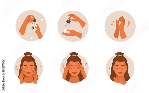 Beauty Girl Take Care of her Face and Applying Cosmetic Serum Oil. Woman Making Facial Massage by Lines. Skin Care Routine, Hygiene and Moisturizing Concept. Flat Vector Illustration and Icons set.