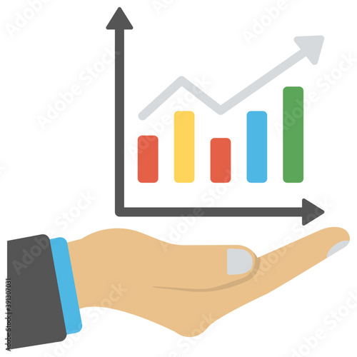 
A hand presenting bar chart with line graph ,growth analysis flat vector icon
