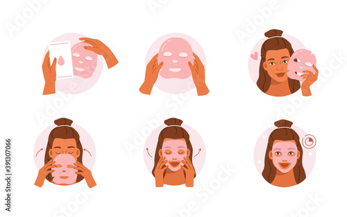 Beauty Girl Take Care of her Face and Applying Facial Sheet Mask. Woman Making Skincare Procedures. Skin Care Routine, Hygiene and Moisturizing Concept. Flat Cartoon Vector  Illustration and Icons.