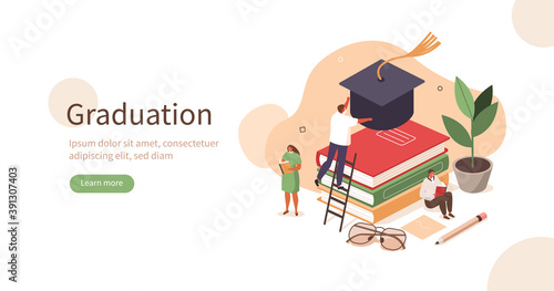 Characters Studying, Learning and Graduating. Student taking Graduation Hat from Book Stacks. End of the School, College or University Concept. Flat Cartoon Vector Illustration.