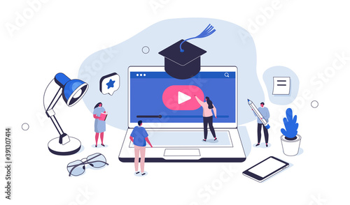 Students Learning Online at Home. People Characters Watching Educational Video on Laptop and Studying in Internet. Online Education Concept. Flat Isometric Vector  Illustration.