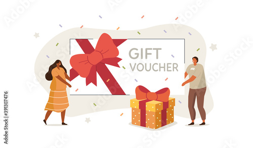 People Characters Receiving Online Reward. Woman and Man Holding Gift Voucher and Gift Box. Loyalty and Referral Marketing Program Concept. Flat Cartoon Vector Illustration.
