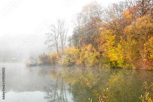 Beautiful landscape with lake and forest. Amazing nature wallpaper. Autumn trees in foggy morning. Romantic place. 