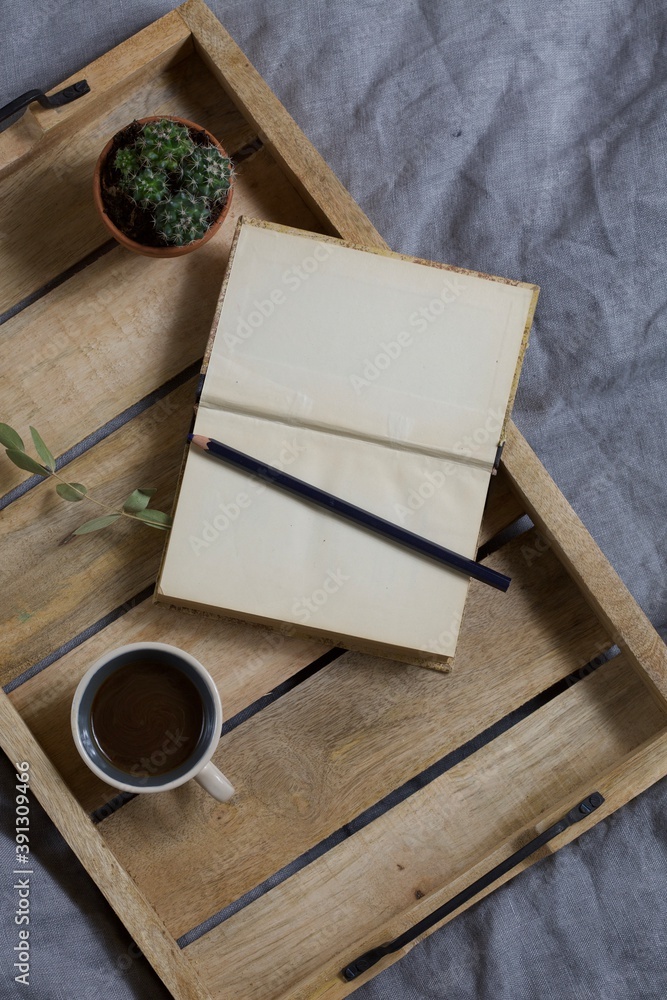 Flat lay image of diary, pen and espresso, small cactus as inspiration Flat lay image of diary, pen and espresso, small cactus as inspiration