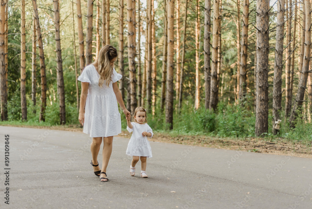Fototapeta premium mother and little daughter together by the hand walk in the Park in the summer, the concept of happy motherhood and childhood