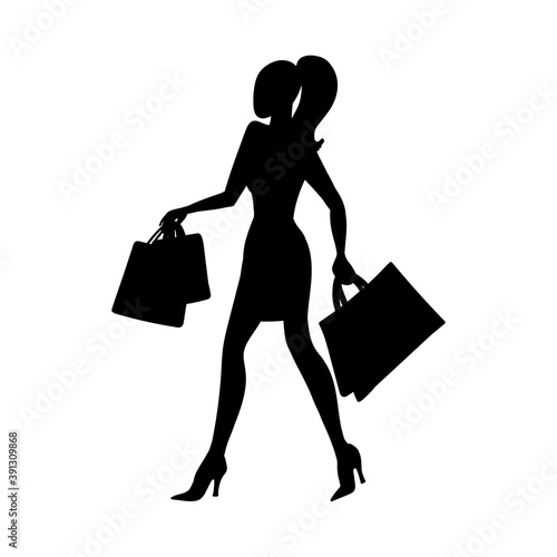 Woman with shopping bags. Fashion girl, walking lady silhouette for sale banner design. Vector illustration.