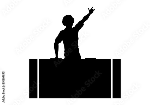 DJ silhouette. A man is wearing headphones and mixing music on a player or console. Party and disco design element. Vector illustration.