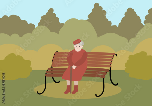 Elderly woman, grandmother sitting on a Park bench. Vector illustration.