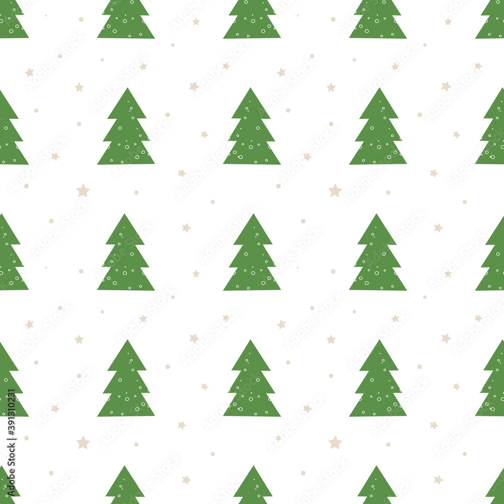 Seamless Christmas pattern with craft paper gift boxes with red bow and Christmas trees. Isolate. Flat vector illustration