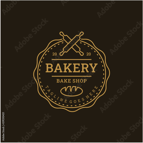 Vintage Retro Bakery, Bake Shop stamp badge Logo design with line art style