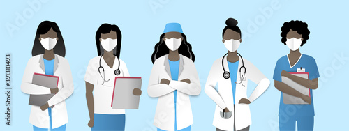 Frontal heroes, illustration of black women doctors and nurses in masks. 