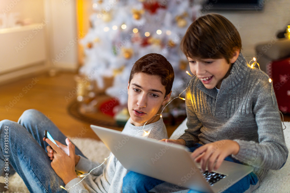 Fototapeta premium Two brothers using gaming devices on Christmas Eve