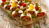 Vegetarian tortilla roll ups with vegetable filling close up view