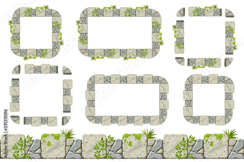 Set of seamless old gray rock border and frames with moss and grass. Vector stone sidewalks for computer games isolated on white background.
