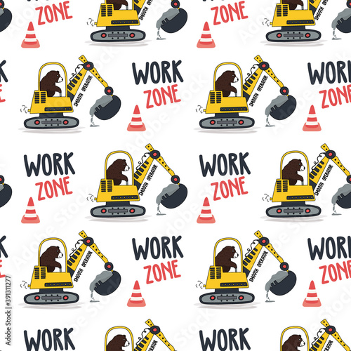 yellow digger black and white  text line pattern road build toy tee illustration art vector