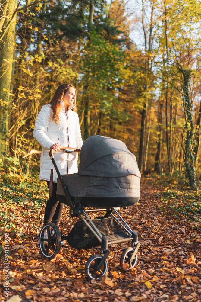 Junge Mutter mit Kinderwagen macht einen Spaziergang im Wald Junge Mutter mit Kinderwagen macht einen Spaziergang im Wald