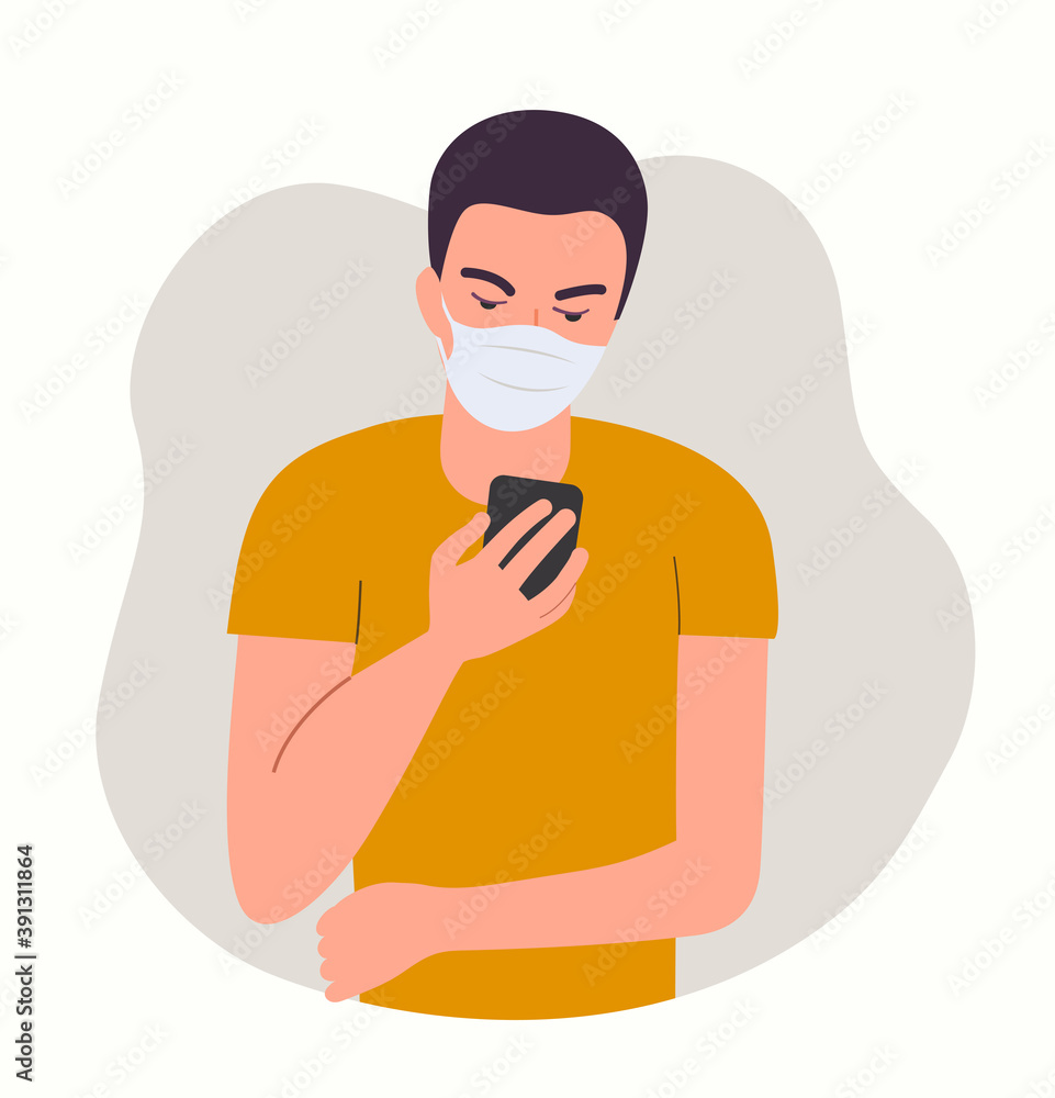 Young man in mask looks into the smartphone.Vector flat style  illustration