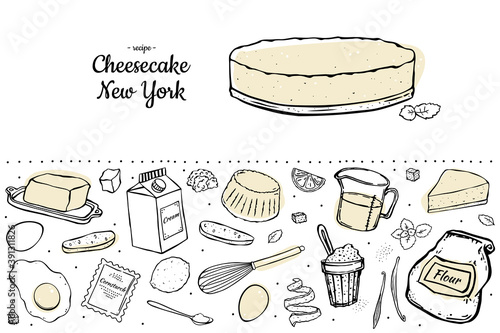 Two colour set cheesecake and ingredients for it black outline on white background. Doodle style.
