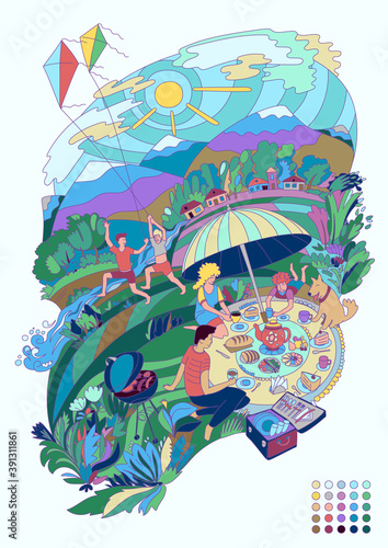 Family having rest and summer activities outdoors, conceptual illustration