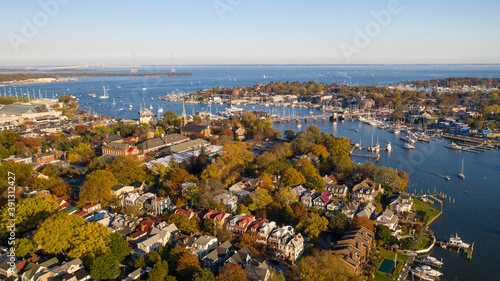 Aerial view of colorful sailboat moorings and docks on Spa Creek, in historic downtown Annapolis Maryland on a fall day