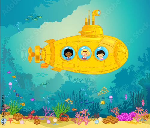 Yellow submarine with children on board.