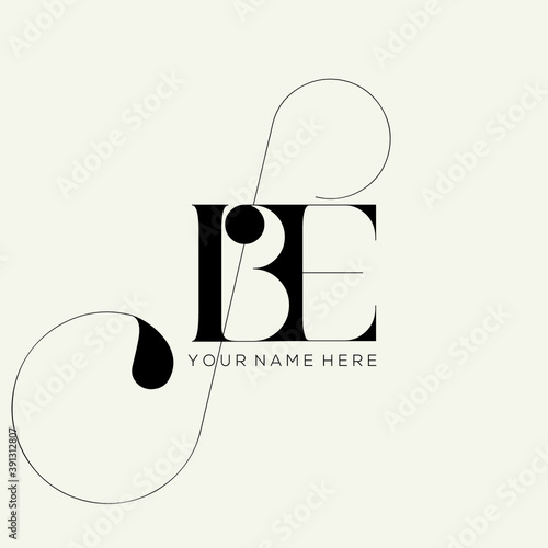 BE monogram.Typographic logo with serif letter b and letter e overlapped.Uppercase lettering icon with decorative swirl.Elegant, luxury style initials isolated on white background.