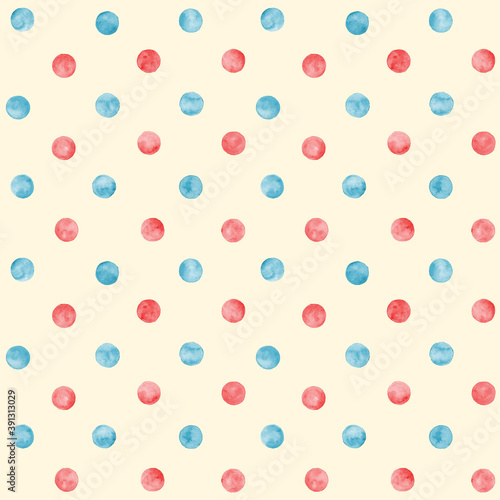 Polka dot blue and red watercolor seamless pattern. Abstract watercolour color circles on white background