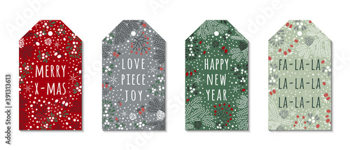 Merry X-mas, Happy New Year, fa la la phrases on the christmas colored ornate background with spruce twigs, snowflakes, white mistletoe and red rowan berries. EPS 10 vector tag design.