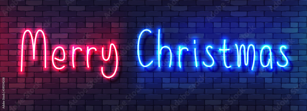 Merry Christmas Neon Colorful Banner. Handwritten Neon Alphabet on a Dark Brick Wall Background. Colorful bright drawn typeface for night bright advertising. Vector Illustration. EPS 10