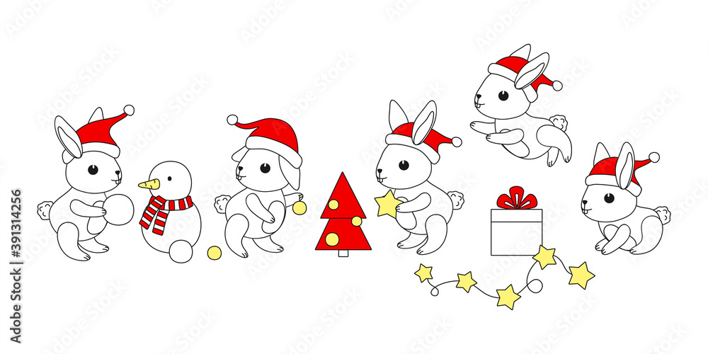 Big set of cute babies bunnies in red Santa's hat.  Inscription 