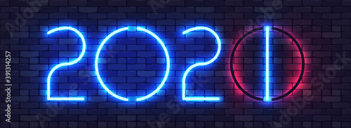 Happy New Year 2021 Neon Colorful Banner. New Year Digit Replacement Concept on a Dark Brick Wall Background. Colorful bright drawn typeface. Vector Illustration. EPS 10