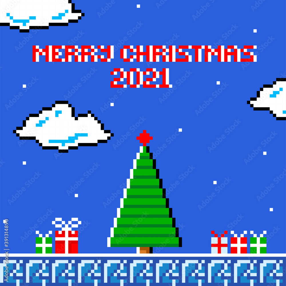 Christmas greeting card pixel art  in style of eight-bit game. Inscription of  Merry Christmas 2021.  Vector illustration.