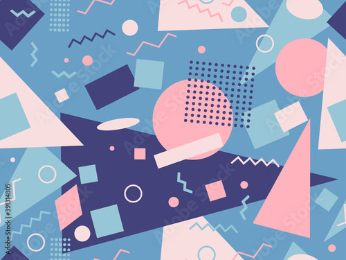 80s style geometric seamless pattern with muted colors. Multicolored vintage background with triangles, circles and squares for brochures, banners and wrapping paper. Vector illustration