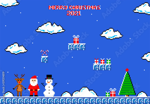 Christmas greeting card pixel art  in style of eight-bit game. Inscription of  Merry Christmas 2021.  Vector illustration.